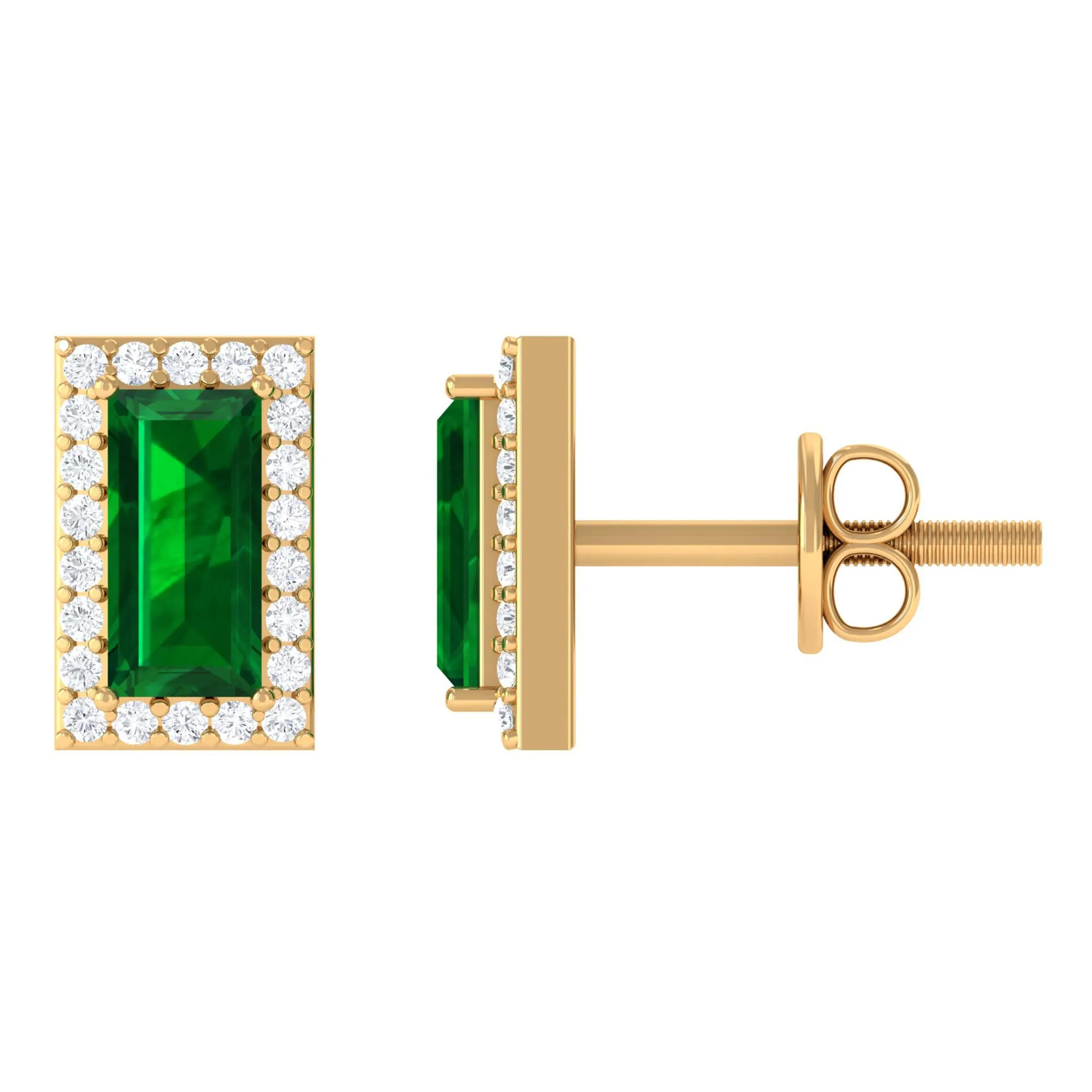 1 CT Baguette Cut Created Emerald Stud Earrings with Diamond Halo