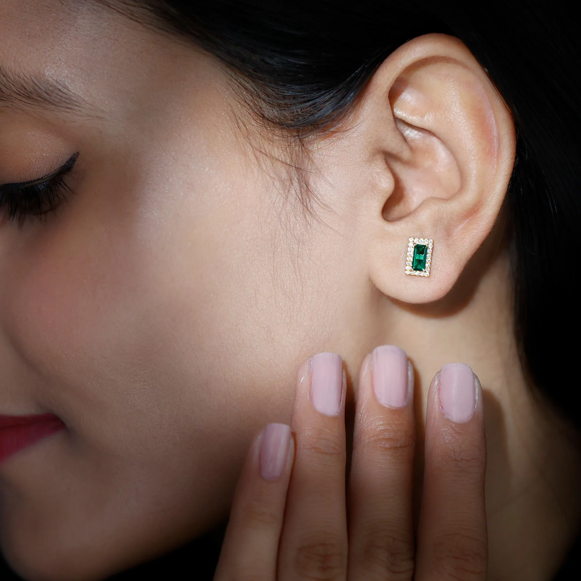 1 CT Baguette Cut Created Emerald Stud Earrings with Diamond Halo