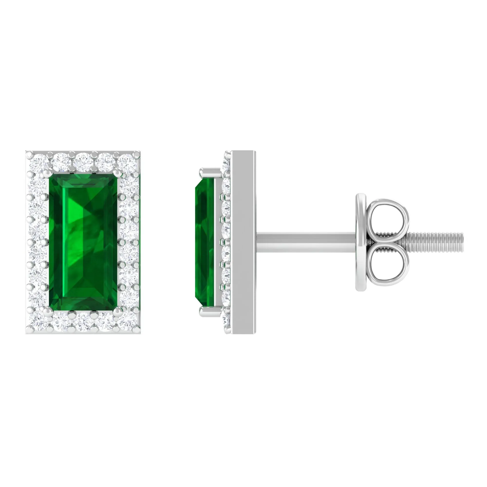 1 CT Baguette Cut Created Emerald Stud Earrings with Diamond Halo