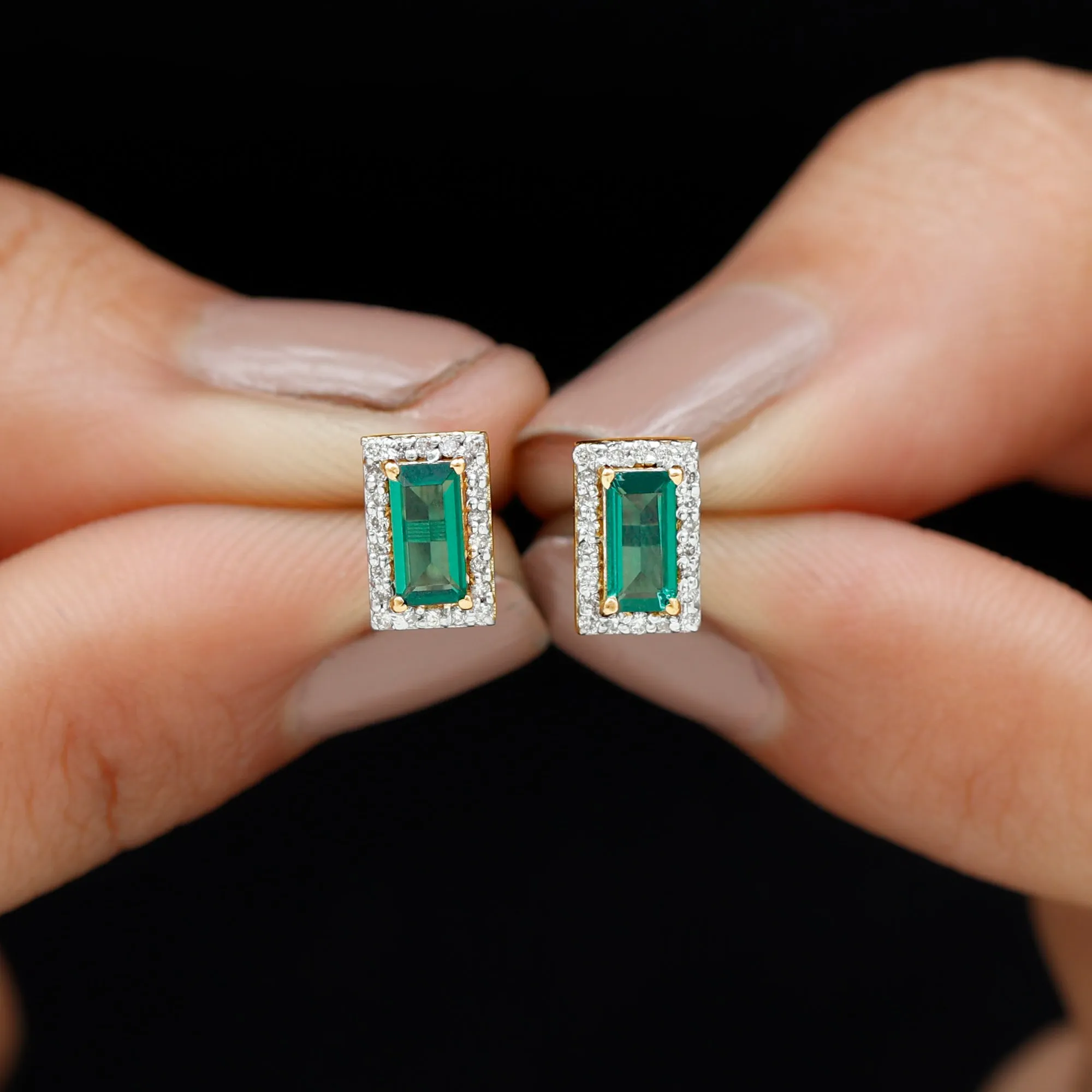 1 CT Baguette Cut Created Emerald Stud Earrings with Diamond Halo