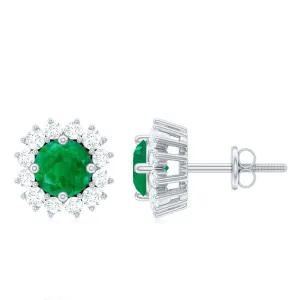 1 CT Emerald and Diamond Halo Stud Earrings