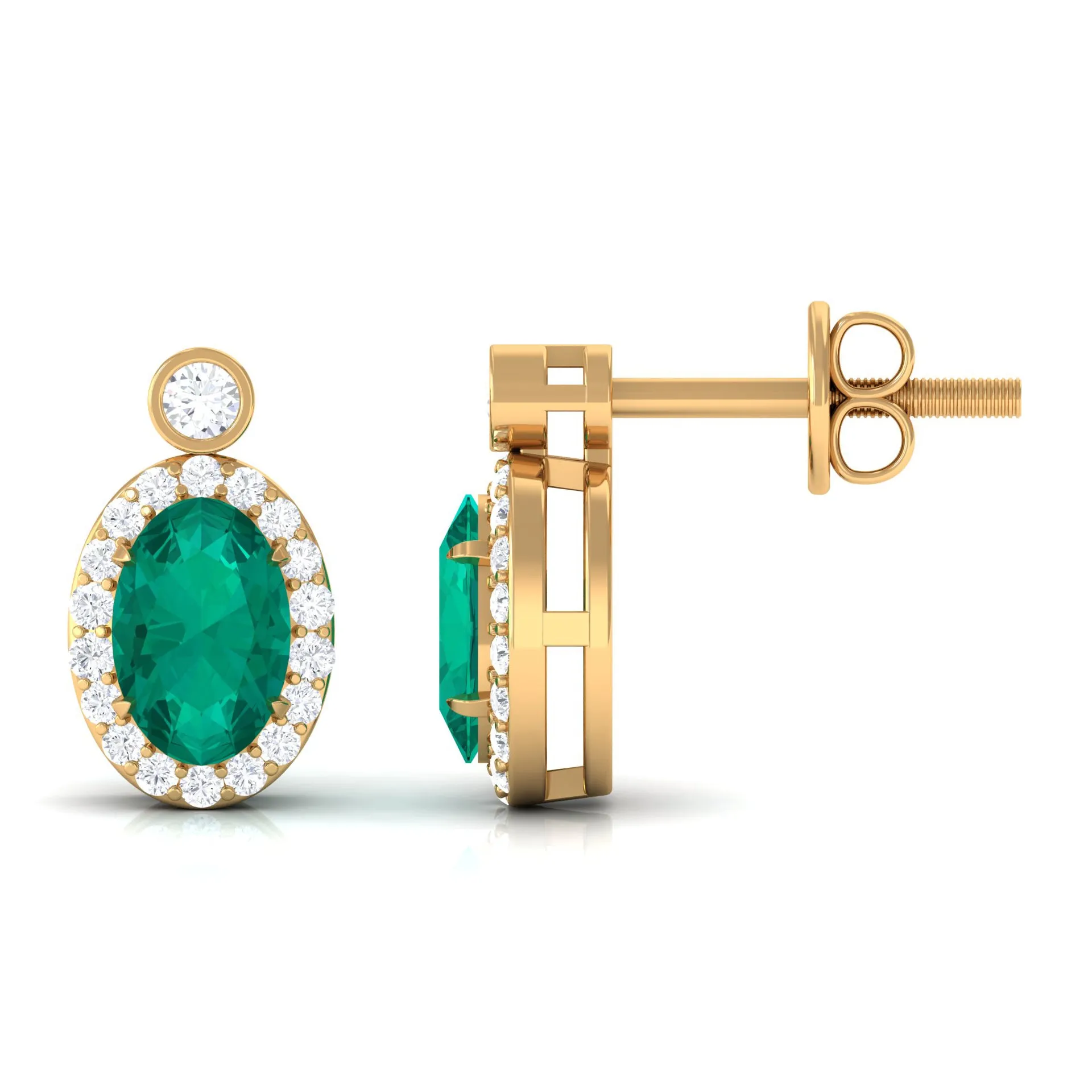 1 CT Oval Emerald and Diamond Halo Stud Earrings