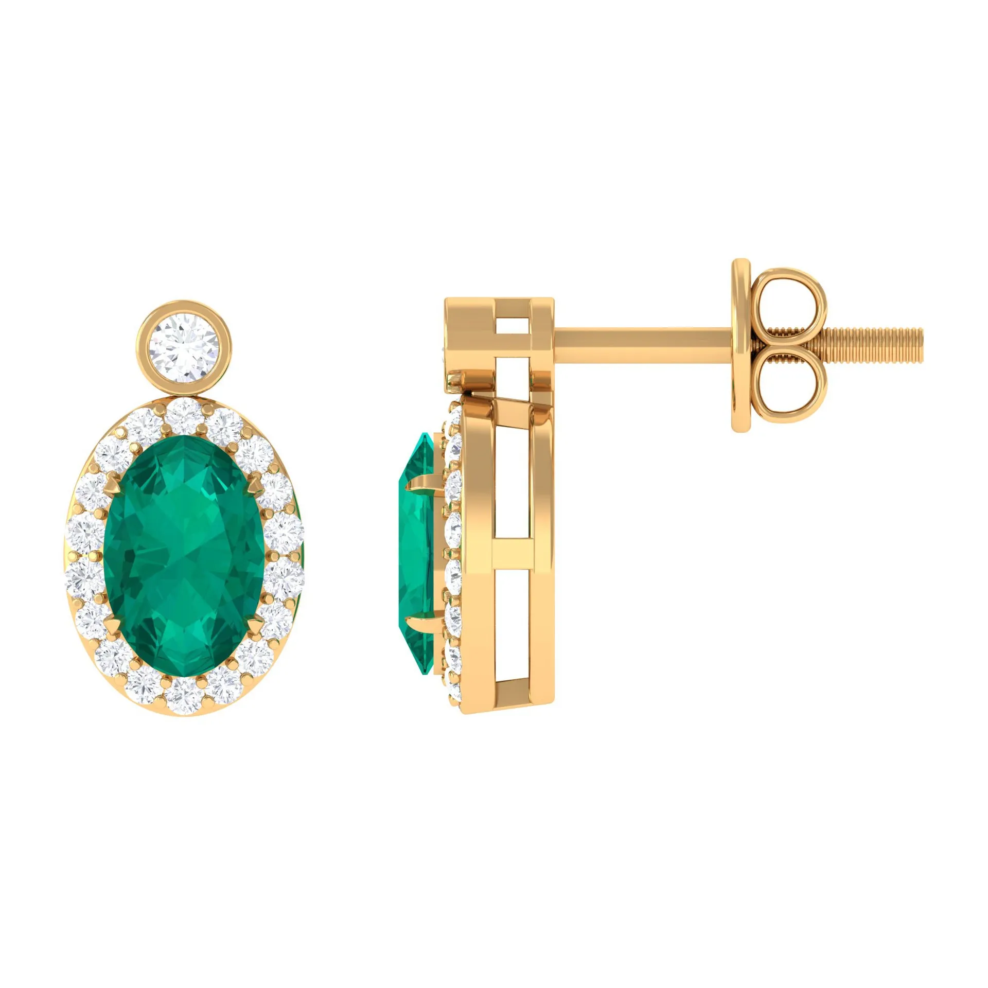 1 CT Oval Emerald and Diamond Halo Stud Earrings