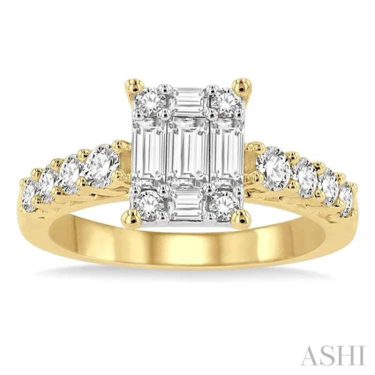 1 ctw Fusion Baguette and Round Cut Diamond Engagement Ring in 14K Yellow and White gold