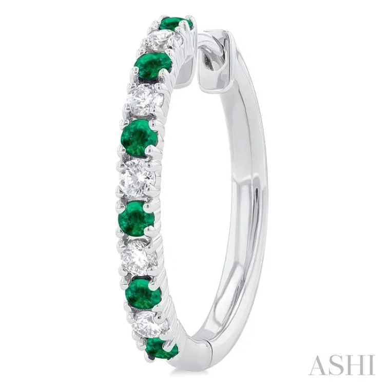 1/4 ctw Petite 1.80 MM Emerald and Round Cut Diamond Precious Fashion Huggies in 10K White Gold