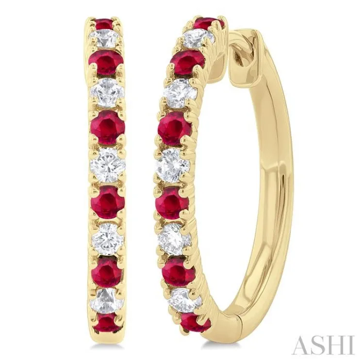 1/4 ctw Petite 1.80 MM Ruby and Round Cut Diamond Precious Fashion Huggies in 10K Yellow Gold