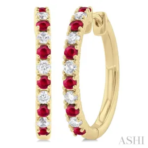 1/4 ctw Petite 1.80 MM Ruby and Round Cut Diamond Precious Fashion Huggies in 10K Yellow Gold