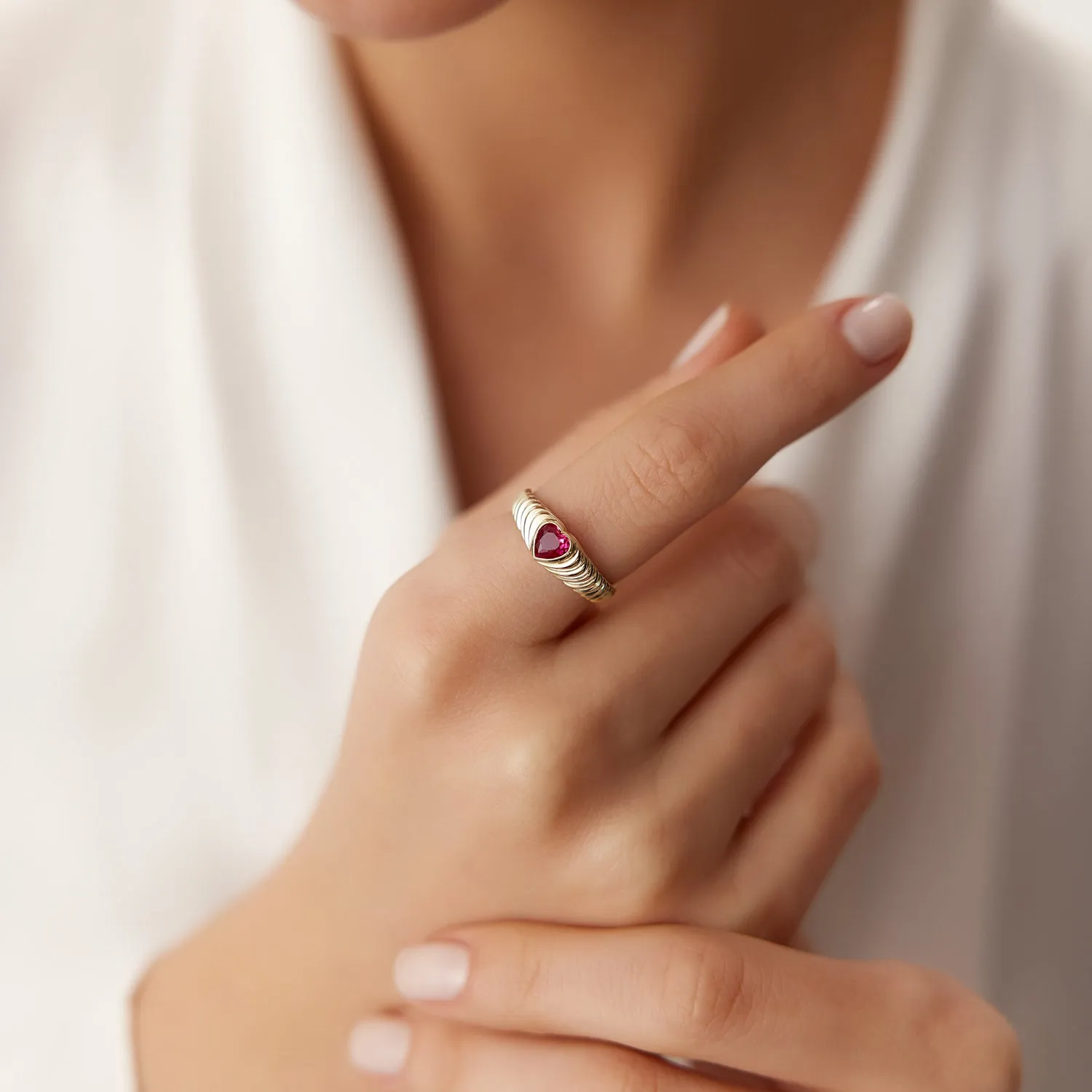 14k Heart Shape Garnet Beveled Ring