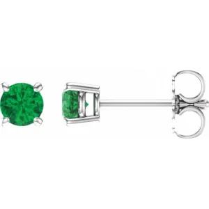 14K White 4 mm Natural Emerald Stud Earrings