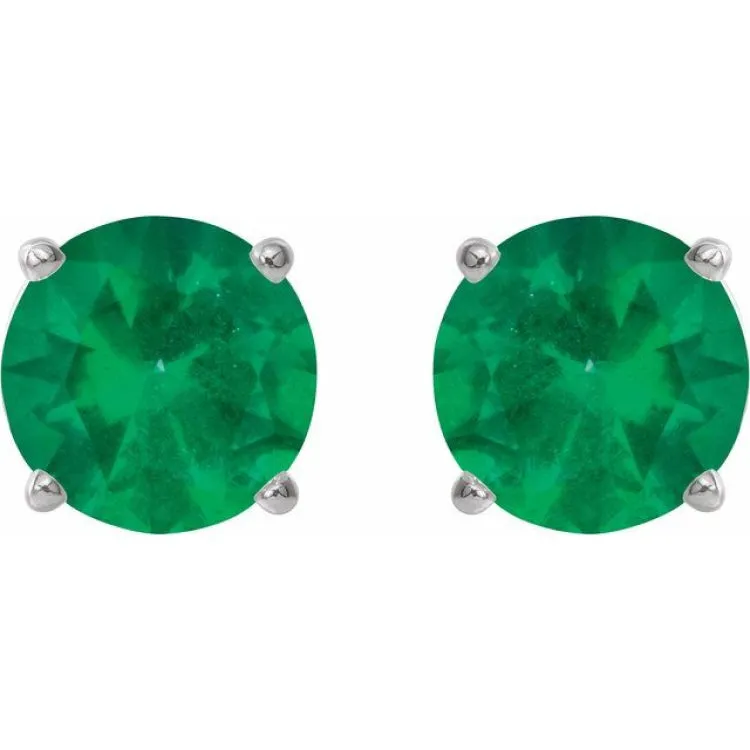 14K White 8 mm Lab-Grown Emerald Stud Earrings