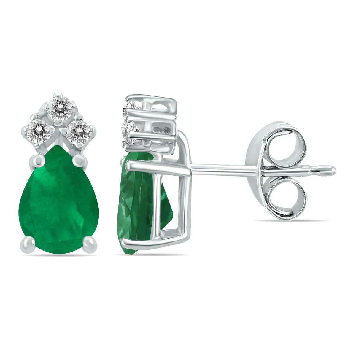 14K White Gold 6X4Mm Pear Emerald And Three Stone Diamond Earrings