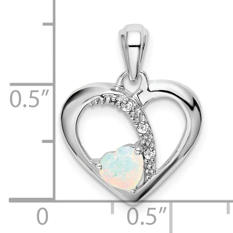 14k White Gold Polished Finish Open Back Lab Created 0.382-CT Opal and 0.03-CT Diamond Women's Heart Design Charm Pendant