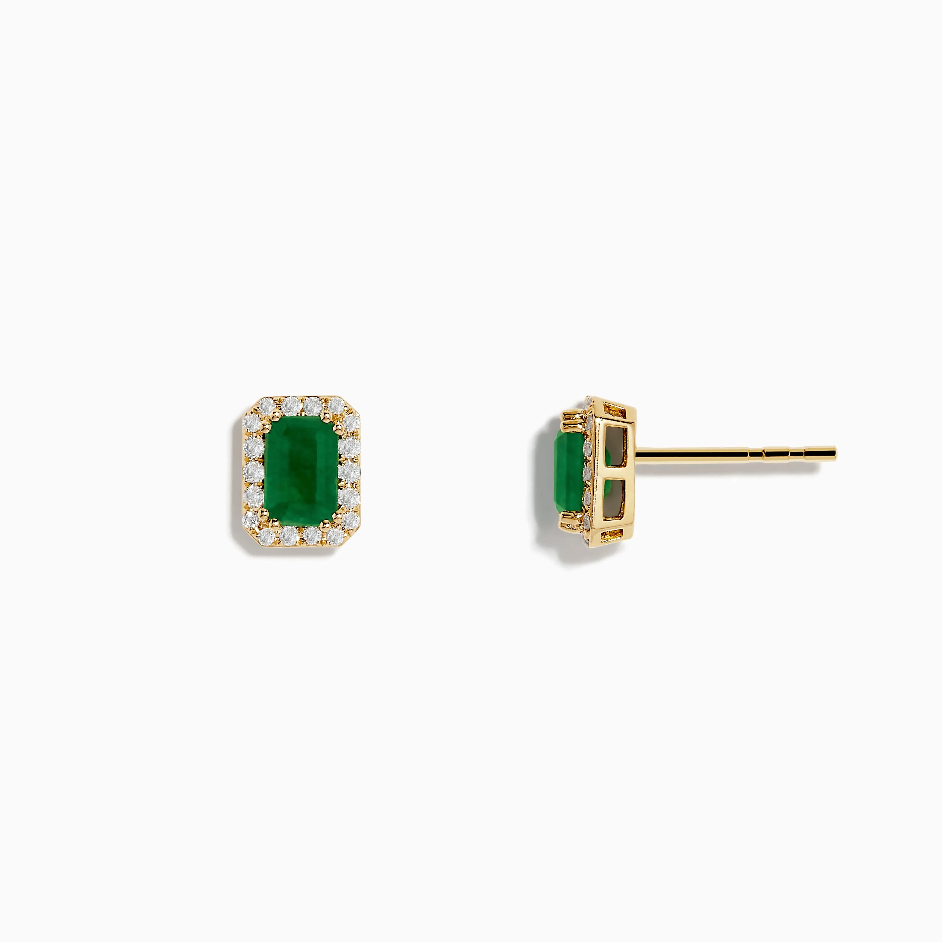 14K Yellow Gold Diamond Halo Emerald Stud Earrings