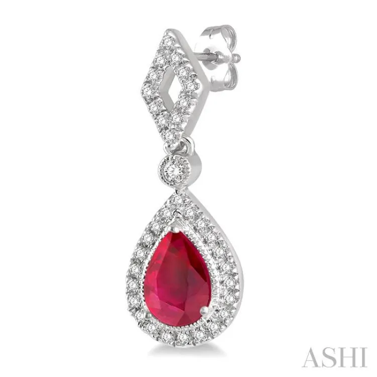 1/5 Ctw Pear Shape 5x3mm Ruby & Round Cut Diamond Precious Earring in 10K White Gold