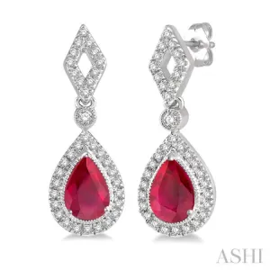 1/5 Ctw Pear Shape 5x3mm Ruby & Round Cut Diamond Precious Earring in 10K White Gold