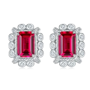 1.6 Carat Rectangular Lab Created Ruby Halo Stud Earrings in S925 Silver Plated Platinum