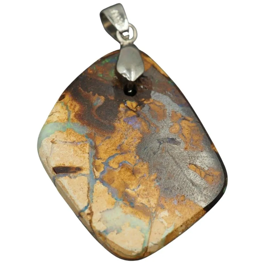 18ct White Gold Plated Blue/Green Spectra Boulder Opal Pendant