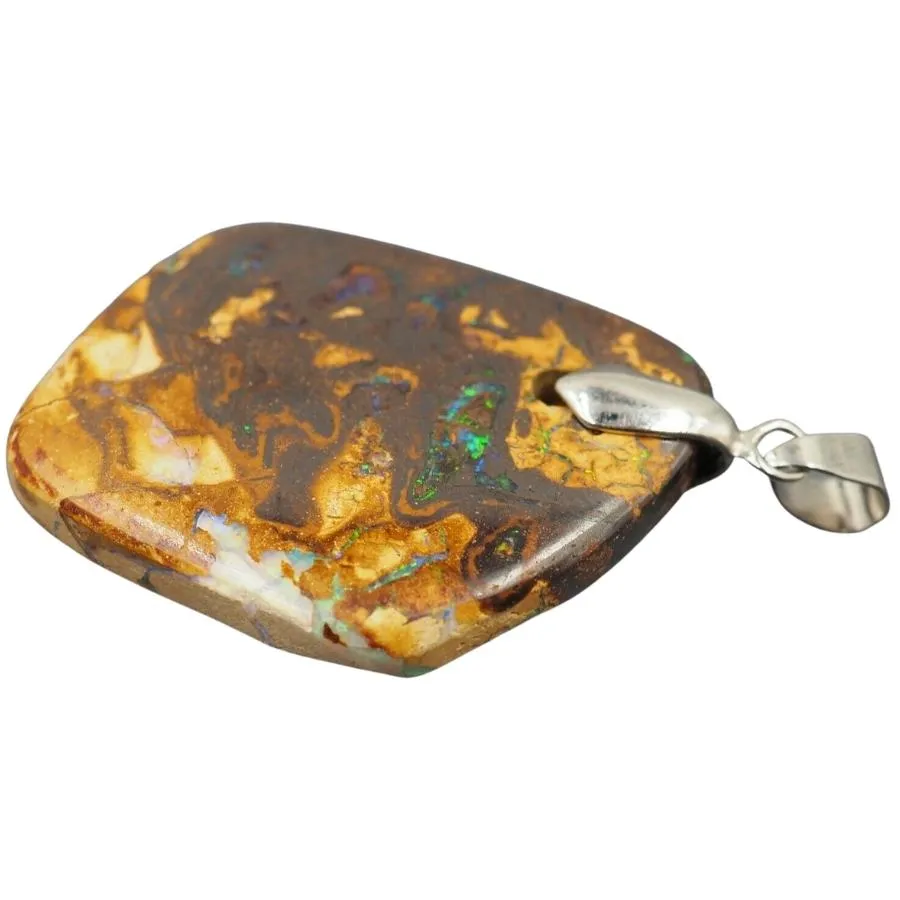 18ct White Gold Plated Blue/Green Spectra Boulder Opal Pendant