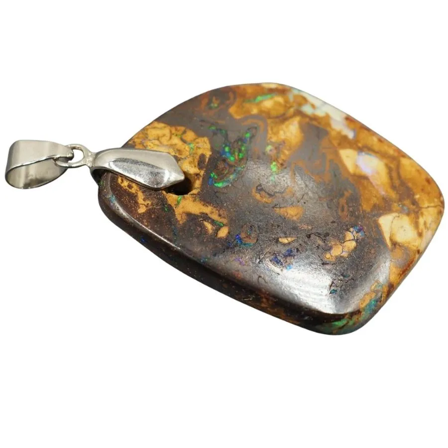 18ct White Gold Plated Blue/Green Spectra Boulder Opal Pendant