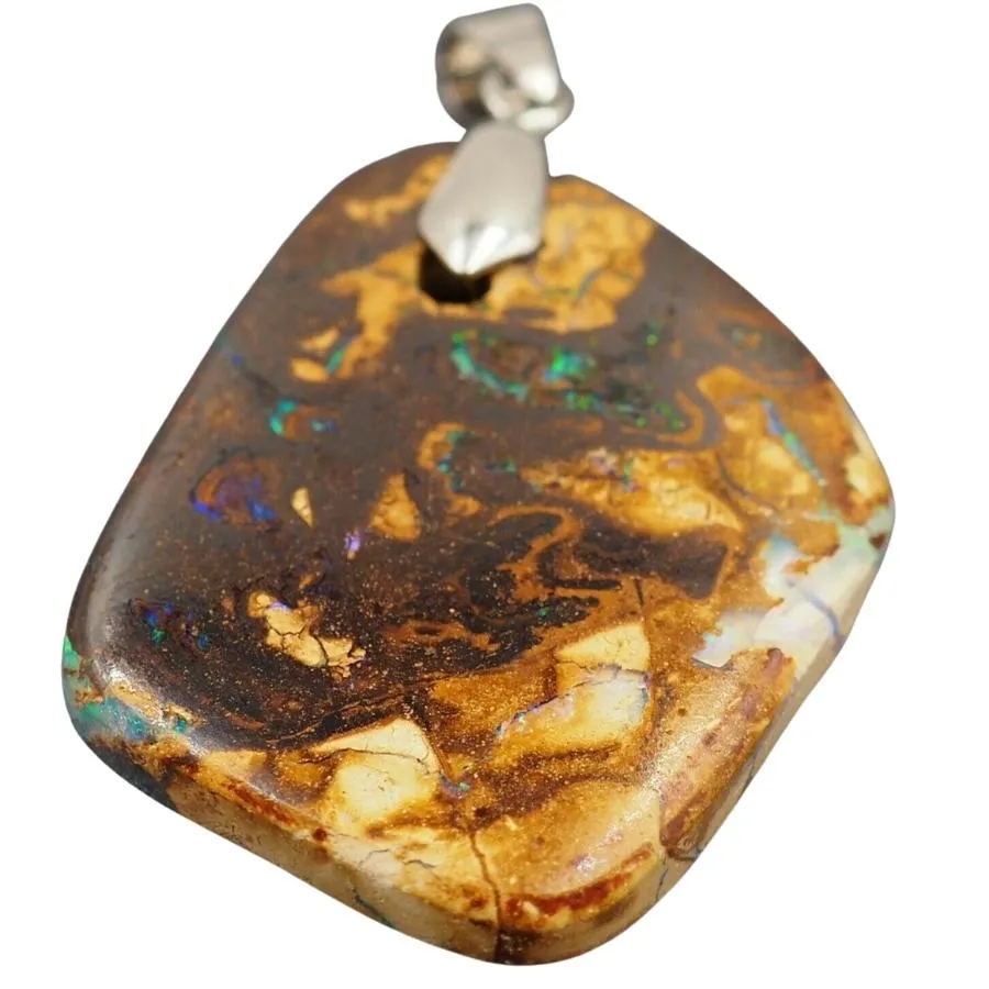 18ct White Gold Plated Blue/Green Spectra Boulder Opal Pendant