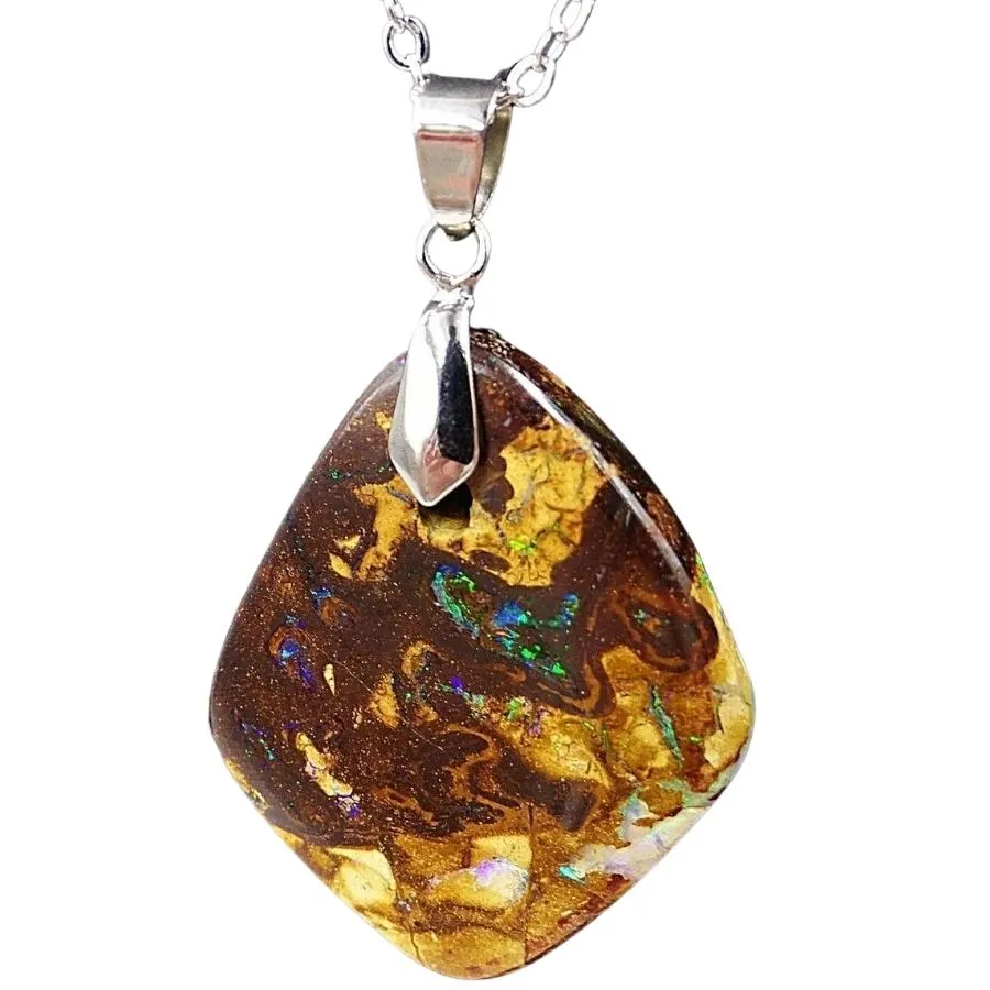 18ct White Gold Plated Blue/Green Spectra Boulder Opal Pendant