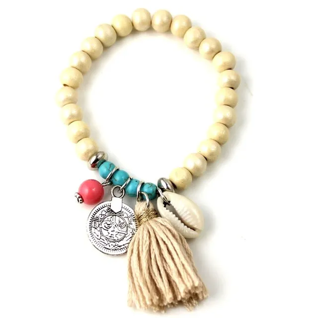 2017 Bohemian Shell Charm Bracelet Tassel Glass Beaded Fashion Coloful Romantic Beach Wood Beads Bracelet For Women