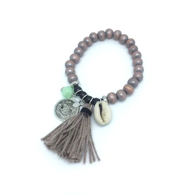 2017 Bohemian Shell Charm Bracelet Tassel Glass Beaded Fashion Coloful Romantic Beach Wood Beads Bracelet For Women