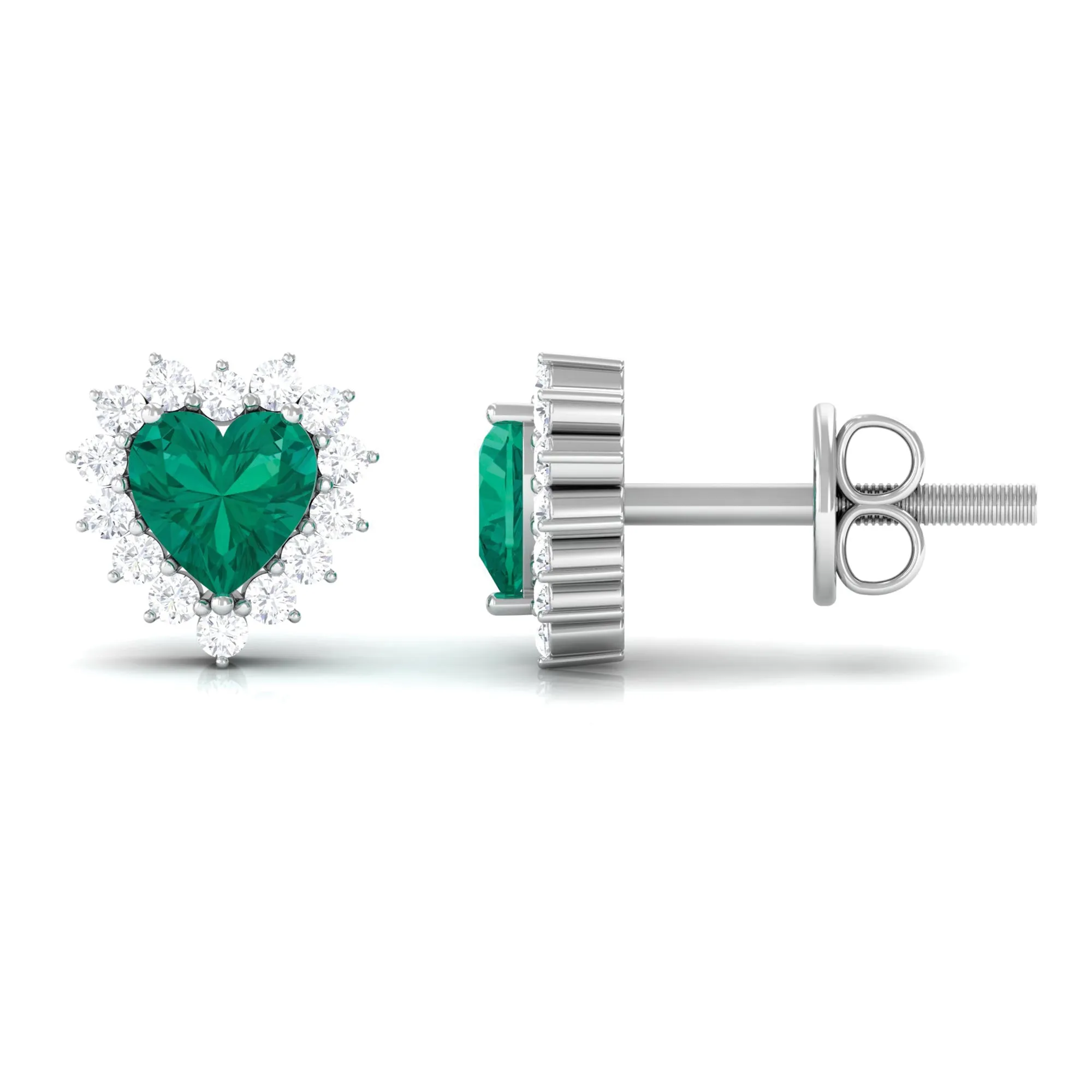 3/4 CT Heart Shape Created Emerald and Diamond Halo Stud Earrings