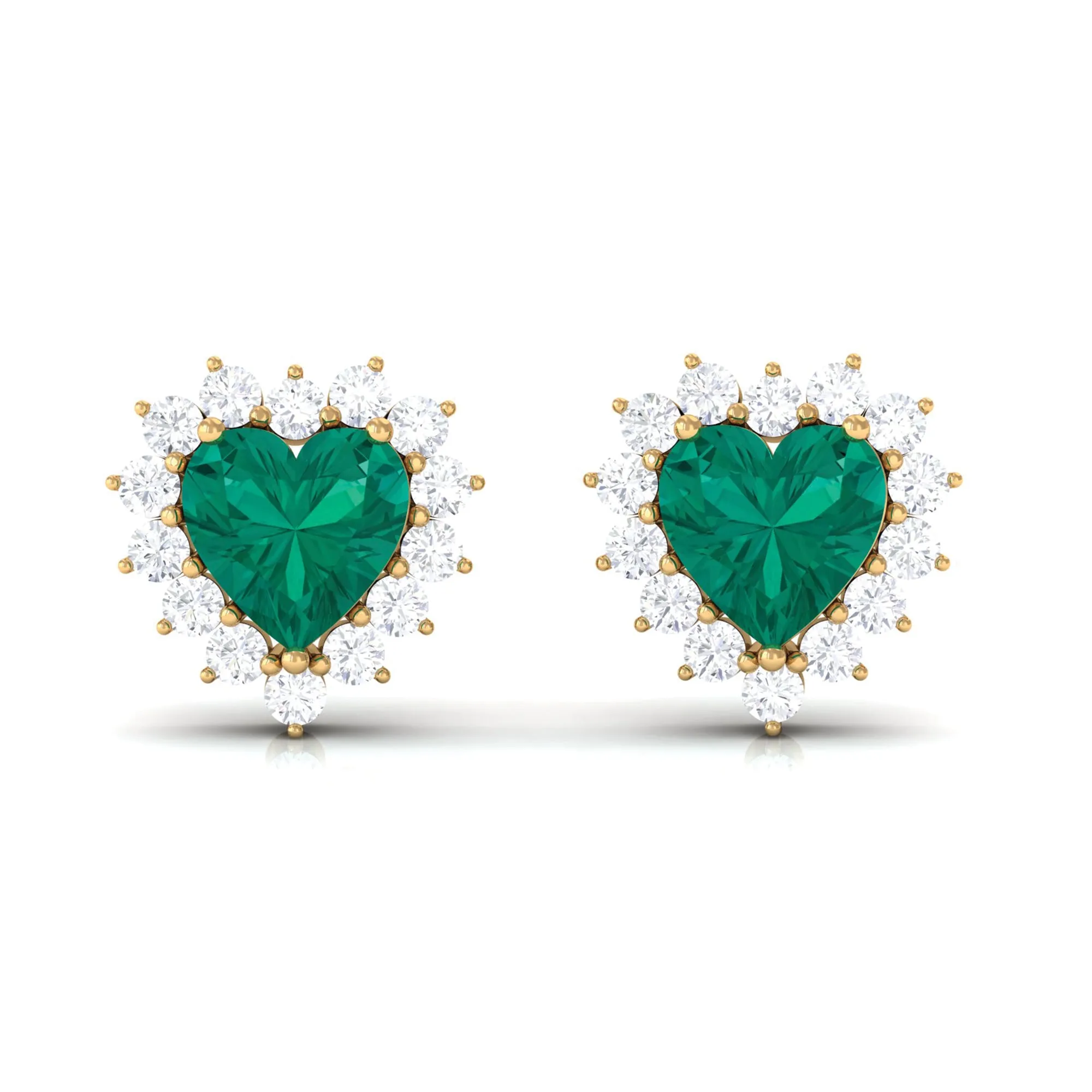 3/4 CT Heart Shape Created Emerald and Diamond Halo Stud Earrings