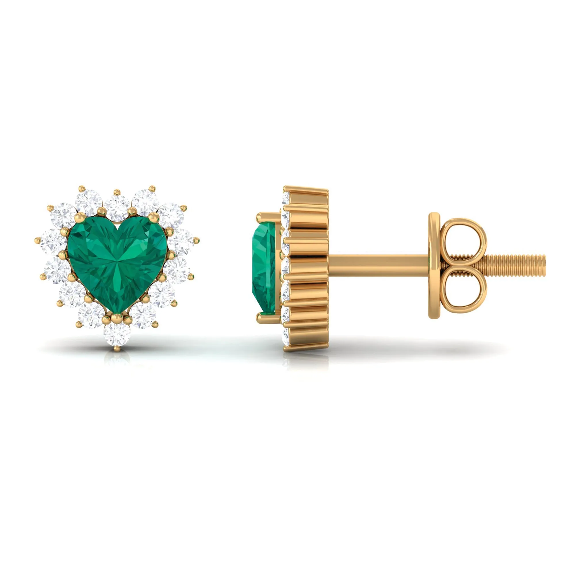 3/4 CT Heart Shape Created Emerald and Diamond Halo Stud Earrings