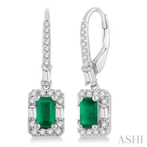 5x3 MM Octagon Cut Emerald and 1/2 Ctw Round Cut Diamond Precious Earrings in 14K White Gold