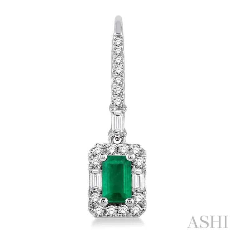 5x3 MM Octagon Cut Emerald and 1/2 Ctw Round Cut Diamond Precious Earrings in 14K White Gold