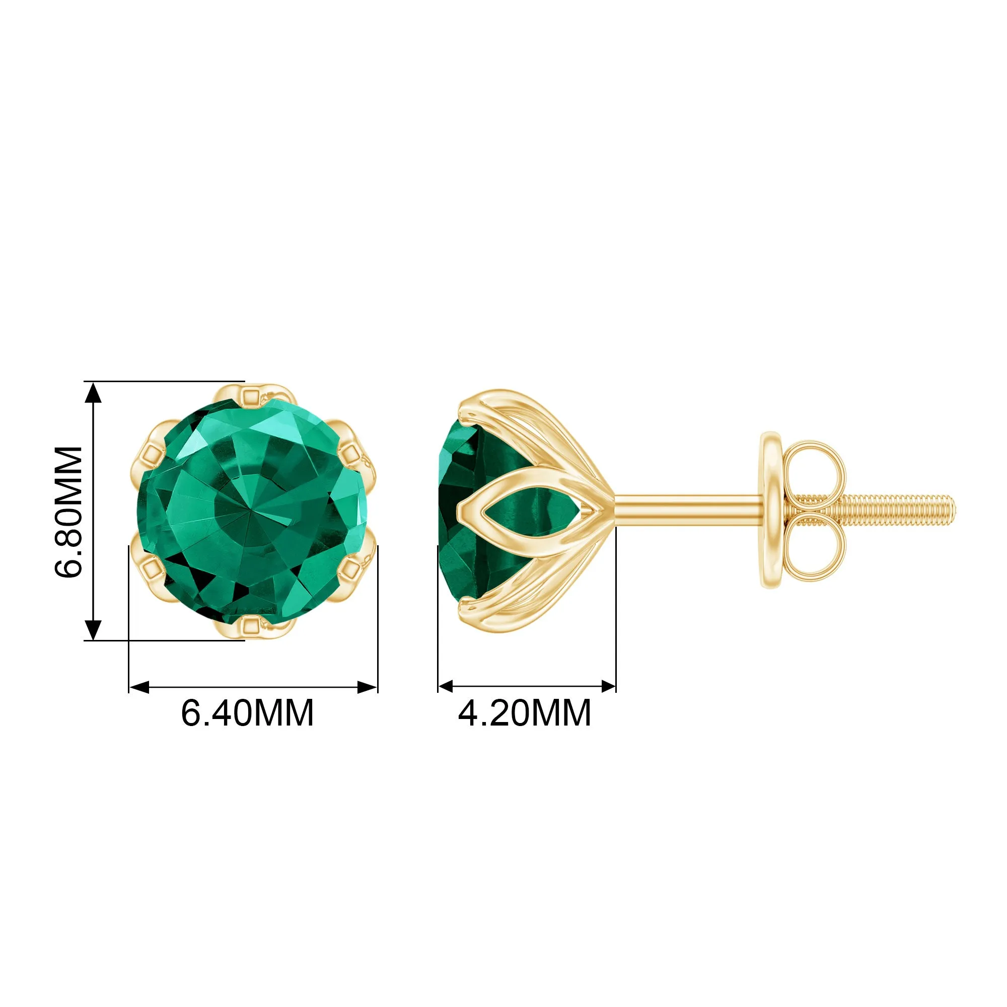 6 MM Round Cut Created Emerald Solitaire Stud Earrings in Lotus Basket Setting