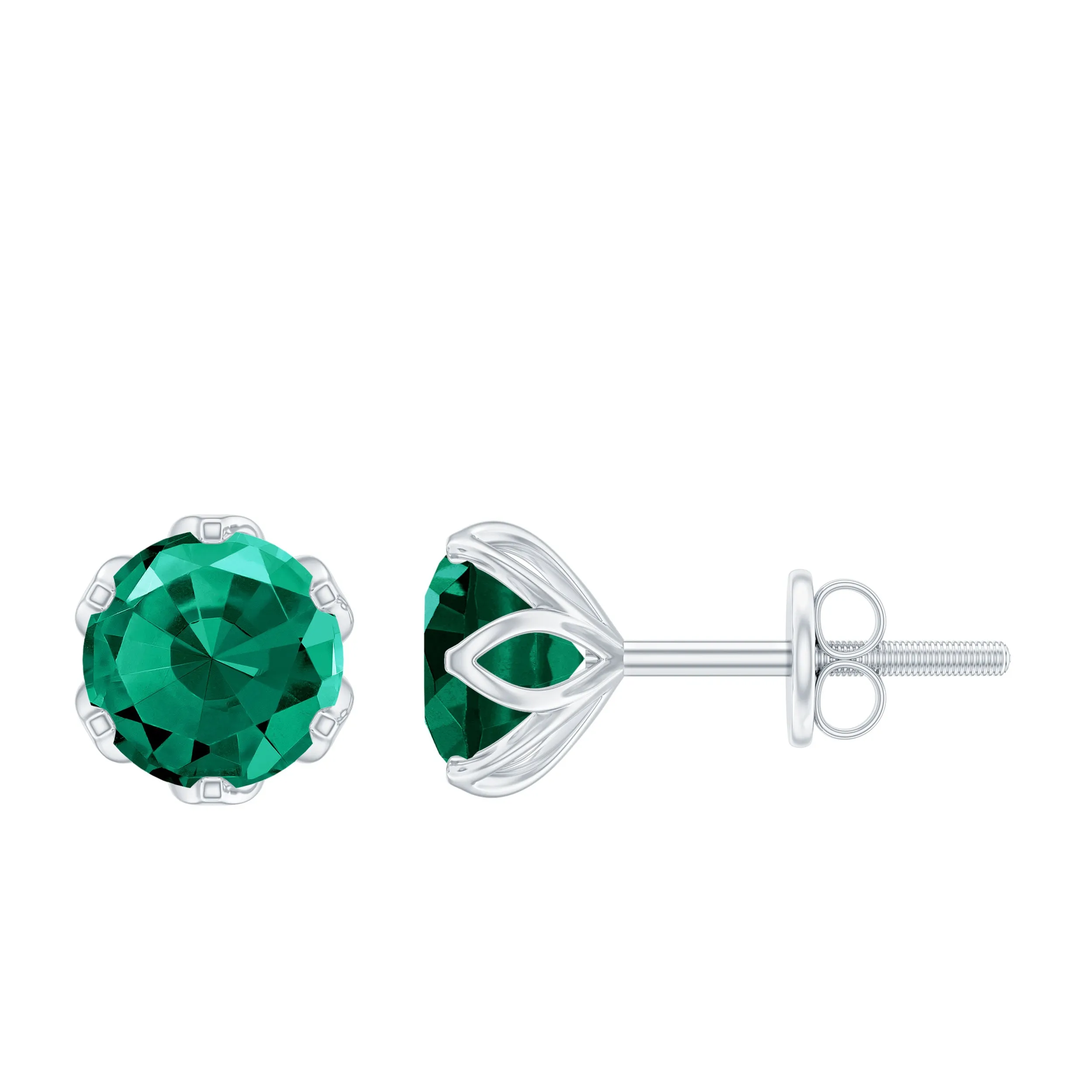 6 MM Round Cut Created Emerald Solitaire Stud Earrings in Lotus Basket Setting