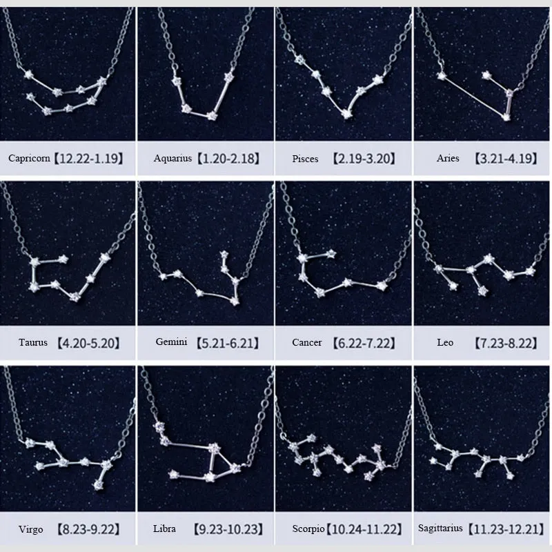 925 Sterling Silver 12 Star Zodiac Astrology Necklace