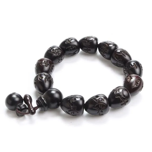 African Blackwood Engraved Sanskrit Oval Beaded Prayer Bracelet