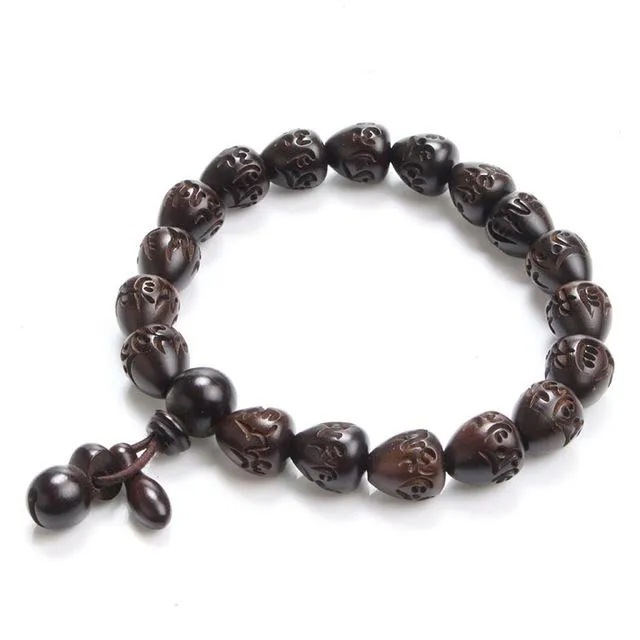 African Blackwood Engraved Sanskrit Oval Beaded Prayer Bracelet