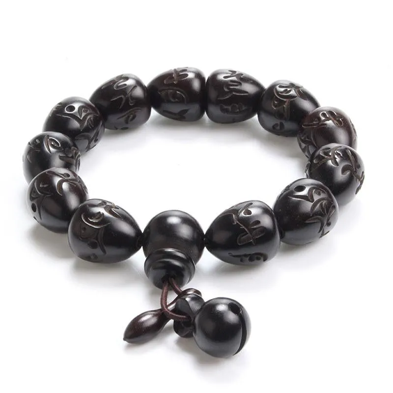 African Blackwood Engraved Sanskrit Oval Beaded Prayer Bracelet