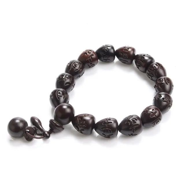 African Blackwood Engraved Sanskrit Oval Beaded Prayer Bracelet