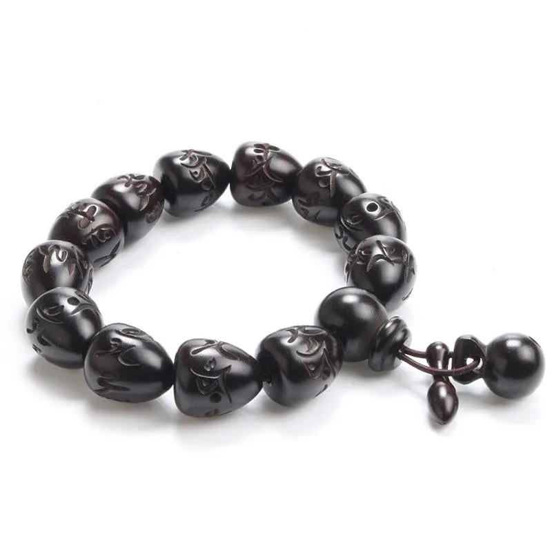 African Blackwood Engraved Sanskrit Oval Beaded Prayer Bracelet