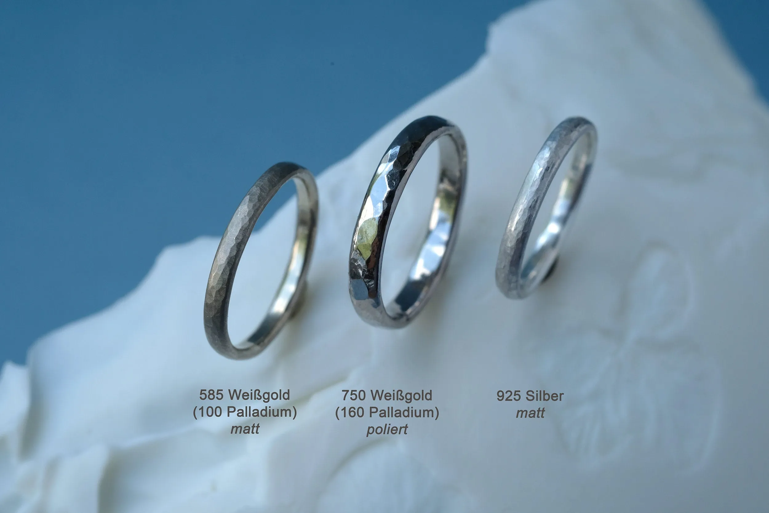 Angular White Gold Hammered Wedding Ring Set