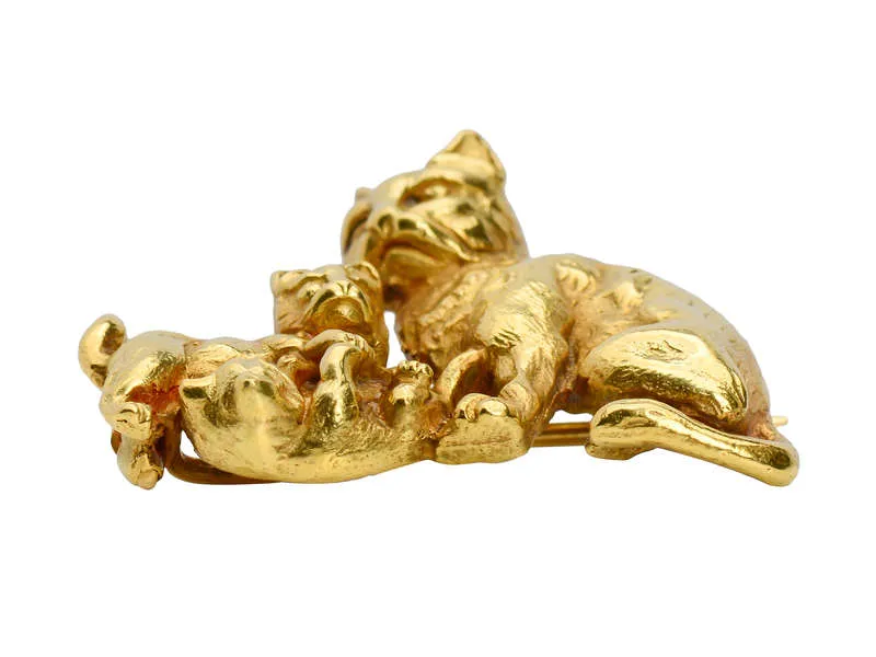 Antique Brooch of Three Cats in 18k Gold