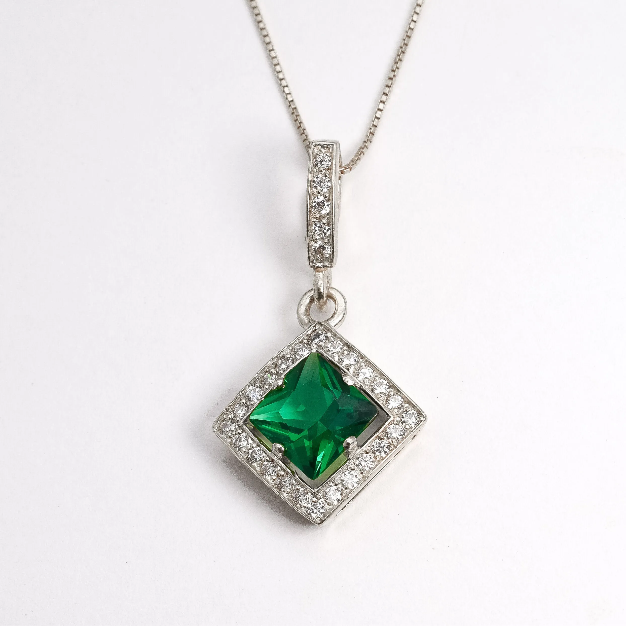 Antique Emerald Necklace - Emerald Square Pendant - Green Gemstone Pendant