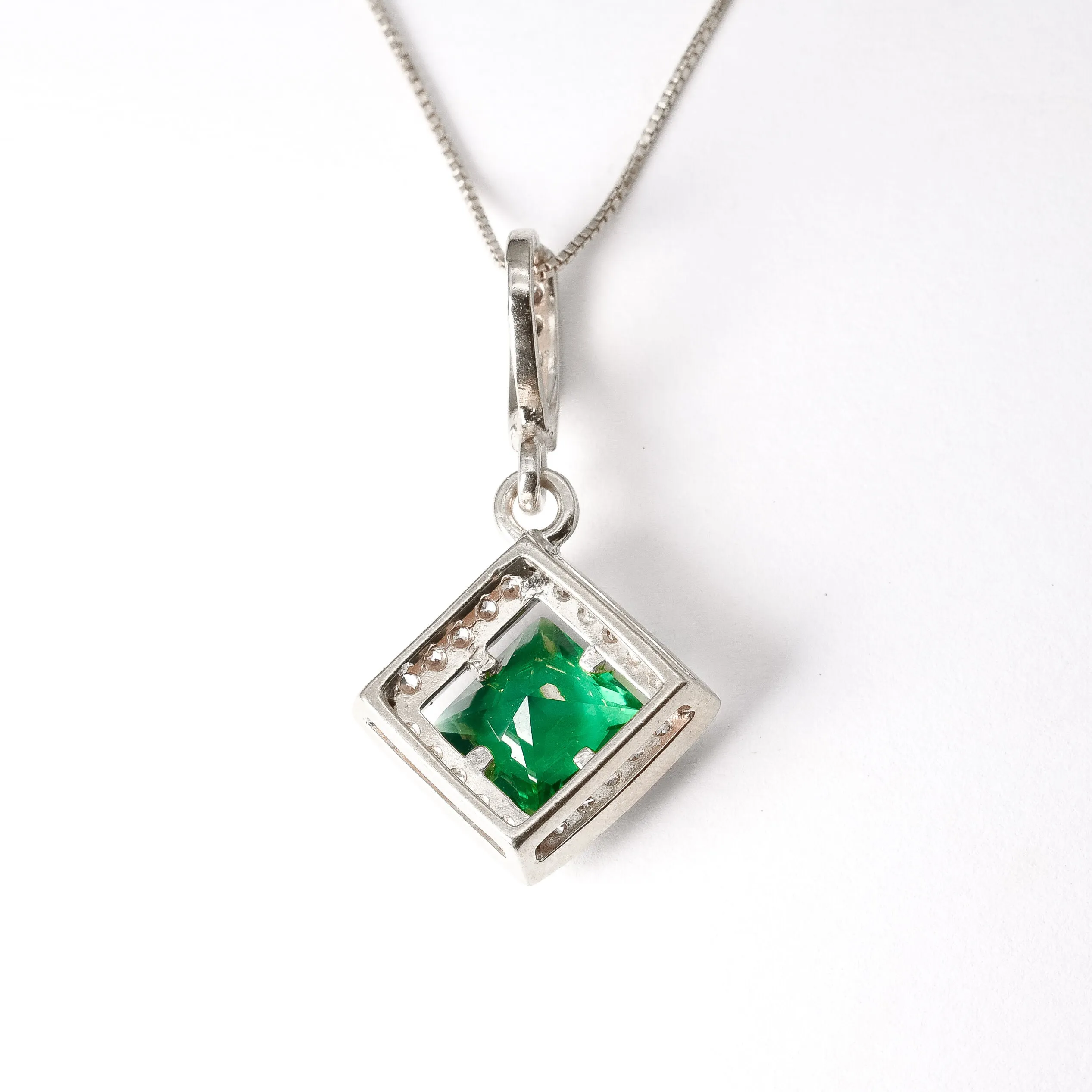 Antique Emerald Necklace - Emerald Square Pendant - Green Gemstone Pendant