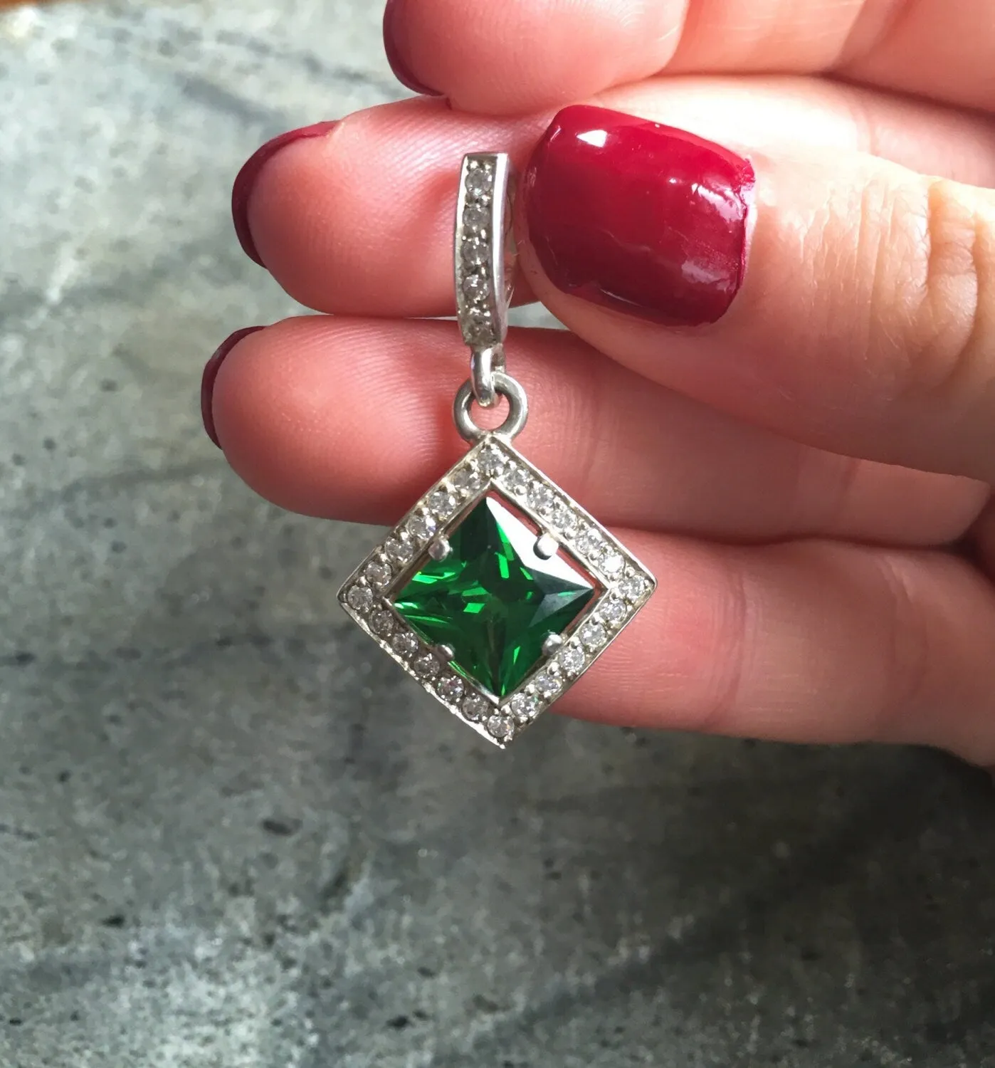 Antique Emerald Necklace - Emerald Square Pendant - Green Gemstone Pendant