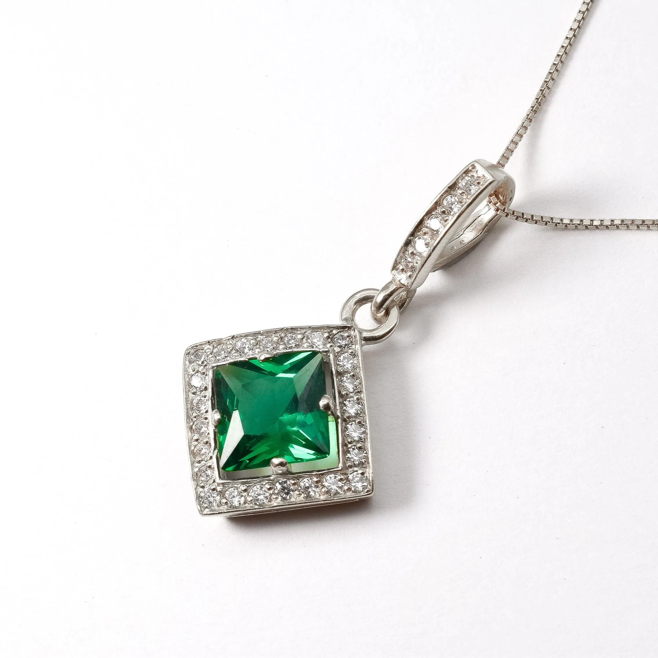 Antique Emerald Necklace - Emerald Square Pendant - Green Gemstone Pendant