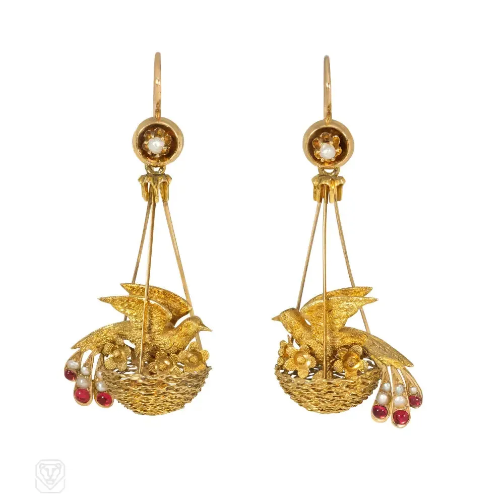 Antique gold nesting bird earrings