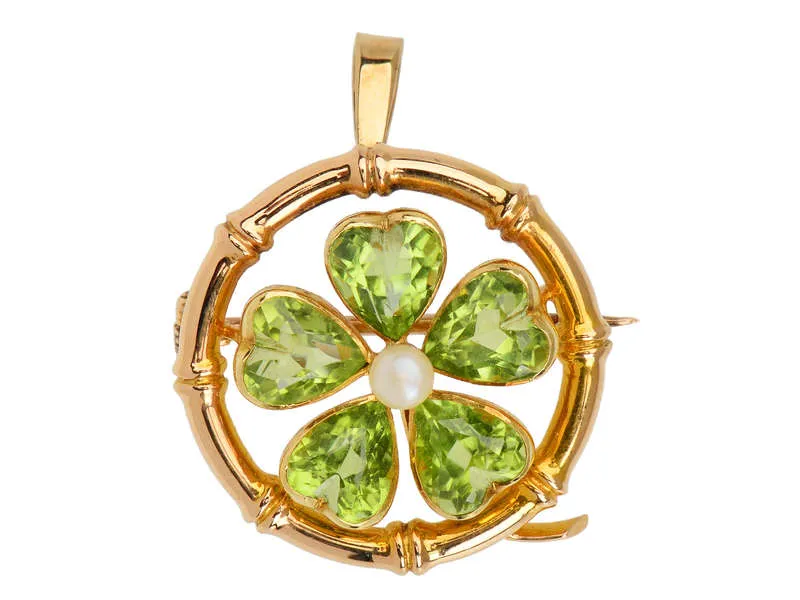 Antique Peridot Lucky Clover Brooch Pendant