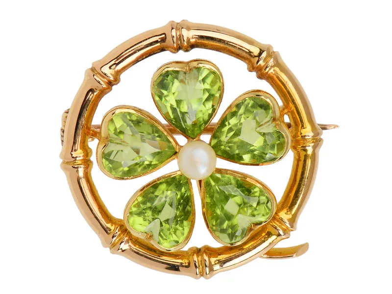 Antique Peridot Lucky Clover Brooch Pendant