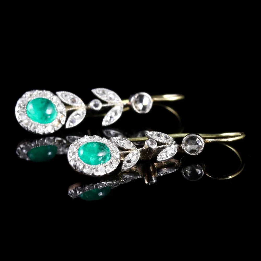 Antique Victorian 18Ct Rose Cut Diamond Cabochon Emerald Dangle Earrings Circa 1900